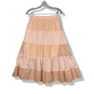 Manhattan Blues Tiered Floral Lace Midi Skirt Womens M Peach Boho Cottagecore